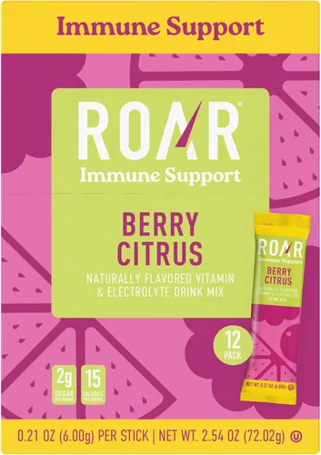 ROAR Polvo de apoyo inmunológico, paquetes de hidratación con zinc y saúco, electrolitos en polvo, sin OMG, sin gluten, bayas cítricas, 12 unidades