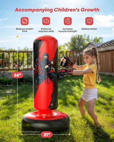 Miniatura 3 de QPAU - Saco de Boxeo para Niños, Bolsa de Boxeo Inflable Estable de 66 Pulgadas con Guantes de Boxeo, Soporte, Juguetes de Boxeo para Niños de 6 a