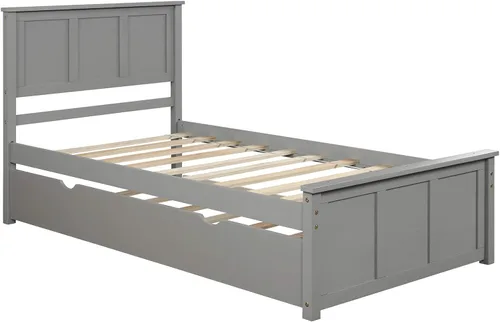 Miniatura 6 de Cama de plataforma individual con nido, marco de cama de madera con cabecero, no necesita somier, fácil montaje, gris