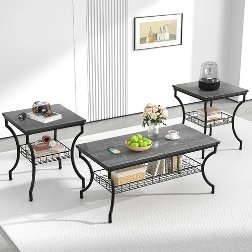 Miniatura 9 de Juego de 3 mesas de sala de estar VECELO, mesa de centro y mesas de rincón con estantes de almacenamiento abiertos para apartamento, oficina en Negro