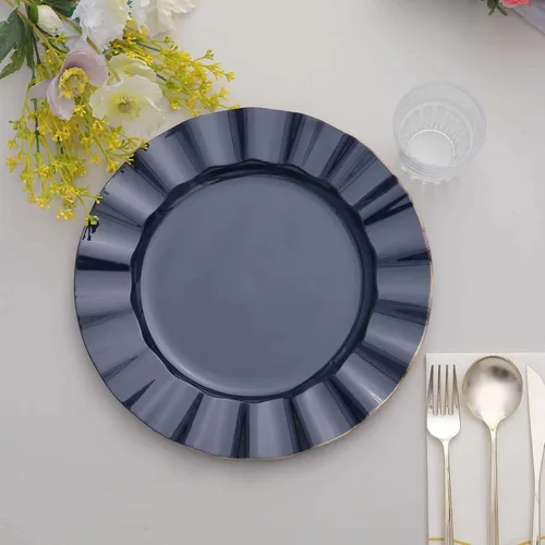 Miniatura 141 de Tableclothsfactory Paquete de 10 platos redondos de plástico negro de 6 pulgadas para ensalada de postre, platos desechables con borde ondulado