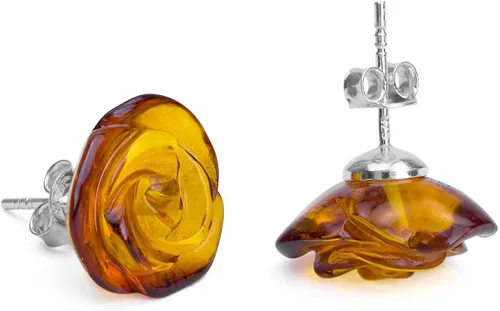 Miniatura 2 de Aretes originales de ámbar de plata esterlina con rosa plana tallada con broches