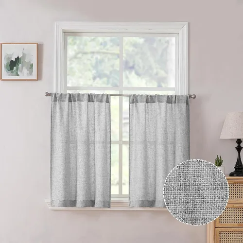 Tollpiz Cortinas cortas de lino con dobladillo para barra, semitraslúcidas, cortinas de arpillera para filtrar la luz, cortinas de lino grueso para
