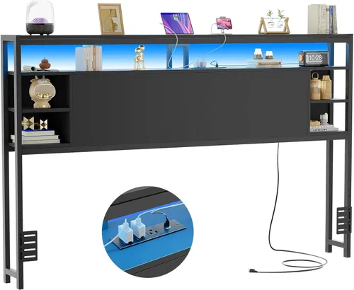 Miniatura 13 de Unikito Cabecera individual con almacenamiento, cabeceros con toma de corriente y luces LED inteligentes, cabecera resistente para cama