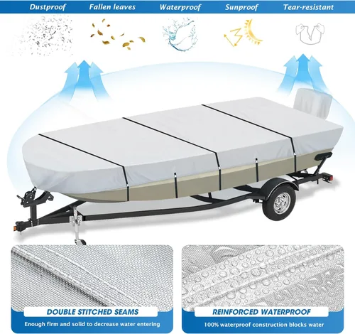 Miniatura 4 de Solim Cubierta de 16 pies para bote Jon con cubierta para motor, lona de poliéster impermeable de 1200D y PU de grado marino resistente para Gris