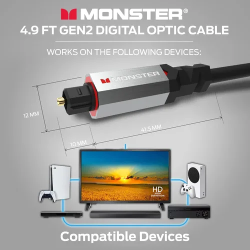 Miniatura 5 de Monster Gen2 Essentials - Cable de audio óptico digital (Toslink, SPDIF), cable de fibra óptica para TV, barra de sonido y sistema de cine en casa