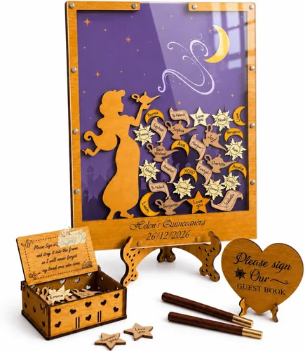 Miniatura 15 de Quinceanera Guest Book Alternative, Personalized Wooden Acrylic Princess Dress Frame with Butterfly Drop Chips, Custom Name Date Sign in Keepsake Set