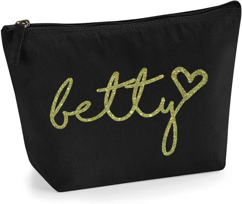 Bolsa de accesorios de maquillaje con iniciales de nombre escritas a mano personalizadas en color negro con purpurina o textura de flocado,