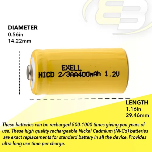 Miniatura 4 de Exell Battery Paquete de 5 baterías recargables AA NiMH de 1.2 V 2/3 400 mAh AA NiMH compatibles con registradores de datos industriales