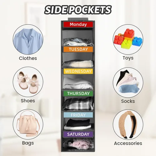 Miniatura 6 de Organizador semanal de ropa de 6 estantes para niños, organizador de armario colgante para niños y adultos, estantes plegables para armario