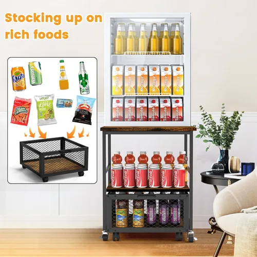 Miniatura 4 de Mini soporte móvil para refrigerador de 19.7 x 19.7 pulgadas con 3 almacenamientos, mesa pequeña para refrigerador de bebidas con ruedas, carrito