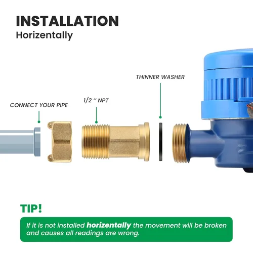 Miniatura 6 de DN15 Medidor de Agua 1/2" NPT, Certificación ISO4064, Medidor de Flujo Cúbico de Agua, Medidor de Agua Fría para Jardín/Hogar