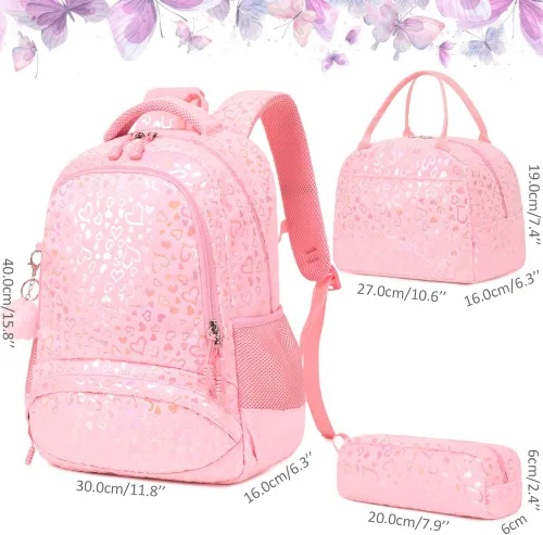 Miniatura 53 de Juego de mochila para niñas y adolescentes, mochila escolar para niños con bolsa para el almuerzo, estuche para lápices, mochilas escolares