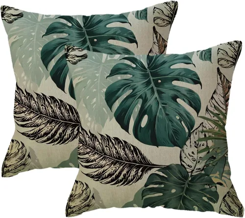Miniatura 8 de Juego de 2 fundas de almohada de hojas de Monstera con diseño de hojas de palmera tropical, con temática botánica, fundas de almohada decorativas