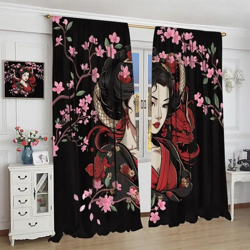 Miniatura 4 de Cortinas de geisha japonesas, flores rosas, ramas de árbol, sexy, glamour, para mujer, encantador, estética, oriental, con bolsillo para barra