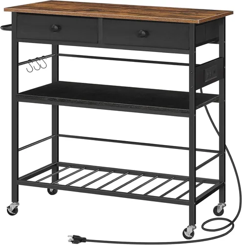 Miniatura 10 de HOOBRO Isla de cocina con almacenamiento, carrito de isla rodante para cocina con 2 cajones y tomacorriente, estación de café de 3 niveles y soporte