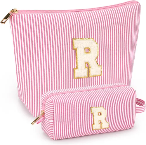 Miniatura 68 de 2 piezas de bolsas de maquillaje iniciales para mujeres: bolsa de cosméticos para viaje y artículos de tocador - Regalos de cumpleaños para niñas