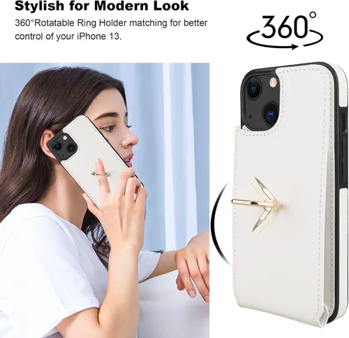 Miniatura 3 de Folosu Compatible con iPhone 13 Funda cartera con tarjetero con rotación de 360°, soporte de anillo de dedo con función atril, bloqueo RFID, piel
