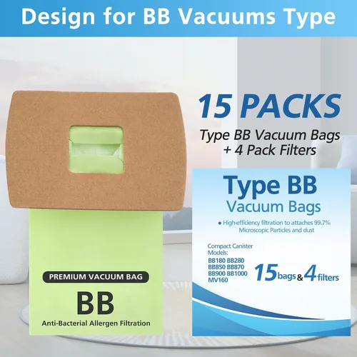 Miniatura 2 de Paquete de 15 bolsas compactas tipo BB de repuesto para Oreck XL Buster B bolsas de vacío PKBB12DW BB180 BB280 BB850 BB870 BB900 BB1000 MV160 con 4