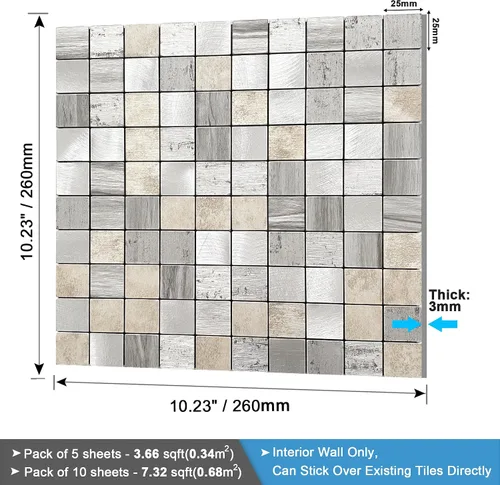 Miniatura 6 de BeNice Adhesivos de pared autoadhesivos de metal para cocina, para despegar y pegar, cuadrado gris (madera rústica, gris, 10 hojas)