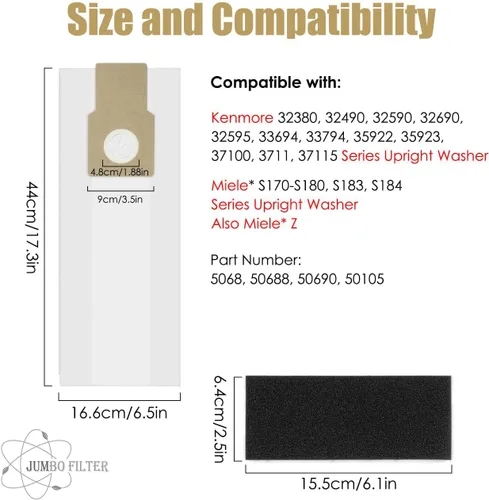 Miniatura 2 de Paquete de 16 bolsas de vacío tipo U/L/O para aspiradora vertical Kenmore 5068, 50688, 50690, 50105, bolsas de papel para Miele tipo Z, S170-S180