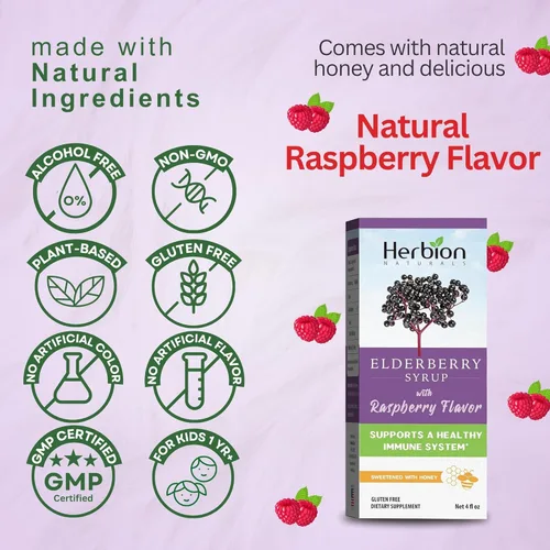 Miniatura 6 de HERBION Naturals Jarabe de saúco – Sistema inmunológico saludable para adultos y niños (1 año +) – Miel endulzado con sabor natural a frambuesa