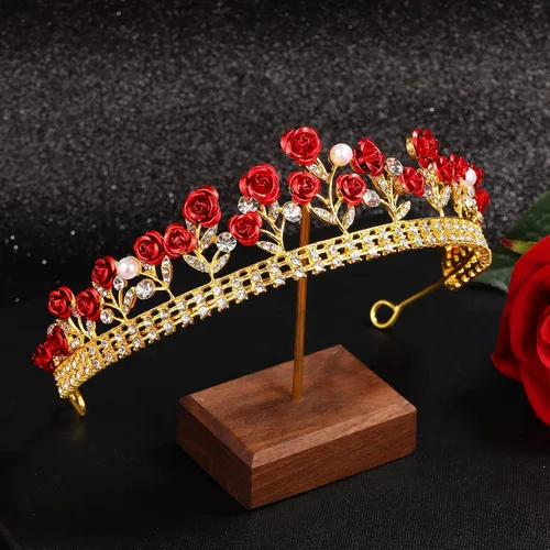 Miniatura 3 de Sureio Tiaras de rosas rojas para novia, coronas de reina, collares largos personalizados, aretes colgantes de flores de rosa, joyería de flores
