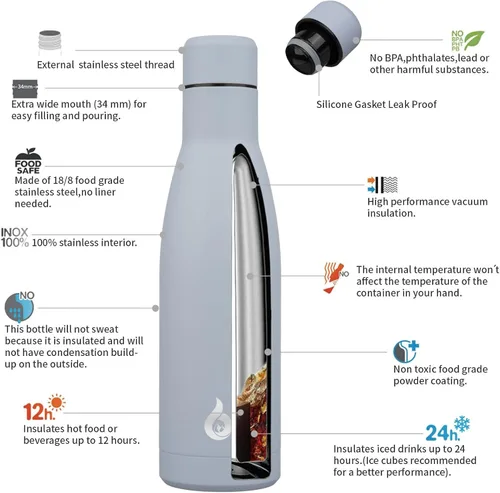 Miniatura 3 de BJPKPK Botella de Agua Aislada 17oz Botellas de Agua de Acero Inoxidable Apta para Lavavajillas Metal Térmica Mantiene Frío y Caliente, Gris Niebla
