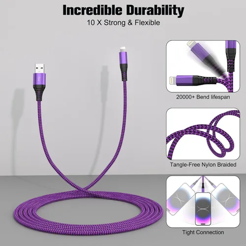 Miniatura 2 de Quickeep Paquete de 2 cargadores para iPhone de 3 pies, USB A a Lightning, cable trenzado de carga rápida para iPhone 14 13 12 11 Pro Xr Xs Max 10 8