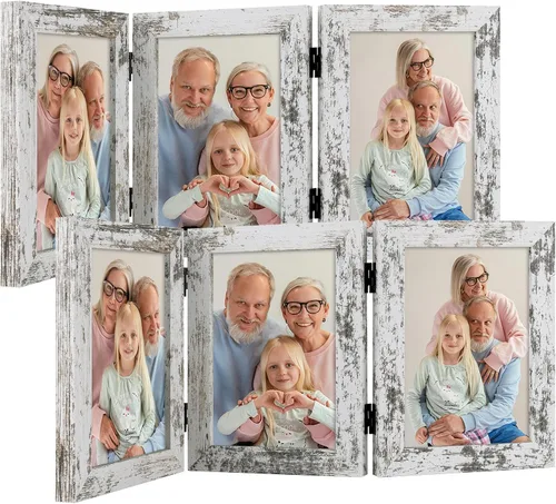 Miniatura 10 de Frametory, 3 Marcos de Fotos 4x6 Marcos de Fotos Trípticos Collage - Cristal Real - Triple Plegable (Gris, 1 Paquete)