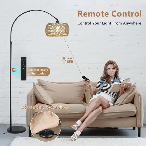 Miniatura 6 de Lámparas de pie arqueadas para sala de estar con 3 temperaturas de color, lámpara de pie negra con control remoto y bombilla LED regulable, lámpara