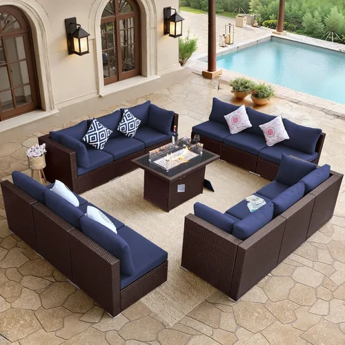 Miniatura 21 de BULEXYARD Juego de muebles de patio de respaldo alto de 7 piezas con mesa de fogata de combustible dual propano/gas natural, sofá seccional