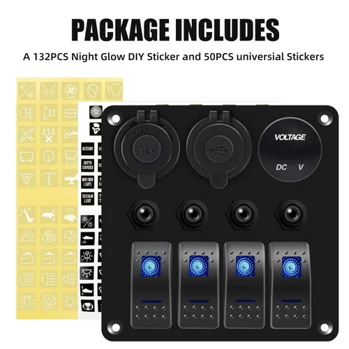Miniatura 4 de FXC Panel de interruptor basculante azul de barco marino impermeable de 4 vías con enchufe USB QC3.0 y ranura tipo C + encendedor de cigarrillos +