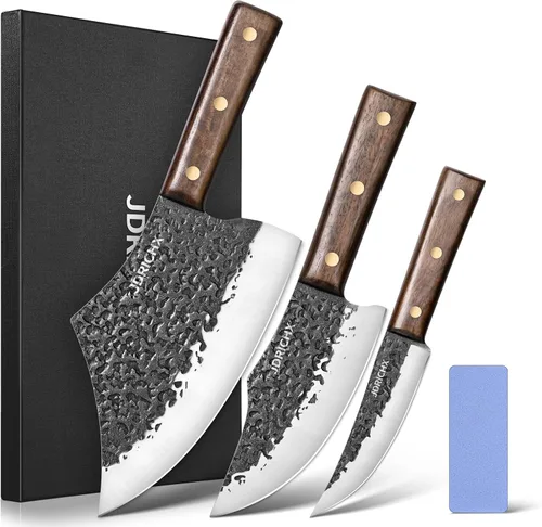 Juego de 3 cuchillos de carnicero, juego de cuchillos de carnicero forjados a mano y cuchillo para deshuesar con mango de espiga completa, juego de