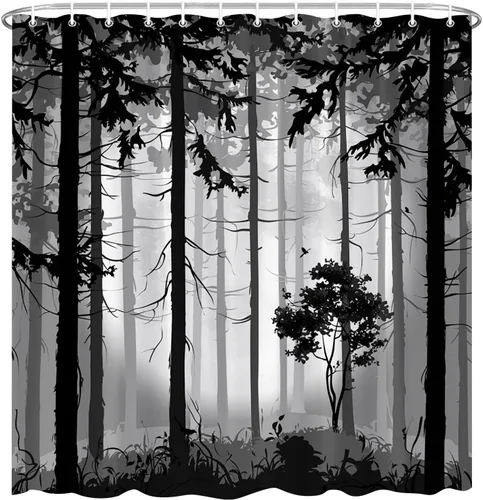 Miniatura 3 de Cortina de ducha de luna llena de bosque brumoso, árbol blanco y negro, niebla, abstracto, gótico, naturaleza, gris, granja, tela de poliéster