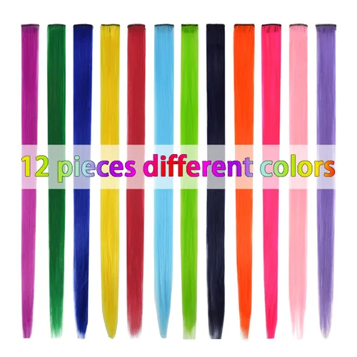 Miniatura 6 de 12 extensiones de cabello sintético lacio de color con clip, de 22 pulgadas, para mujeres, niños y niñas, reflejos para fiesta (liso, 12 colores)