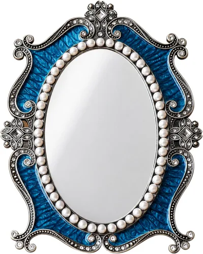 Nerien Espejo de mesa vintage, soporte de maquillaje decorativo ovalado de metal, cosmético de mesa antiguo, encimera de coqueta para el hogar, Azul