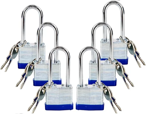 SEPOX® Paquete de 6 candados con la misma llave con la misma llave, 2 unidades cada juego, grillete extralargo, cuerpo de acero laminado resistente