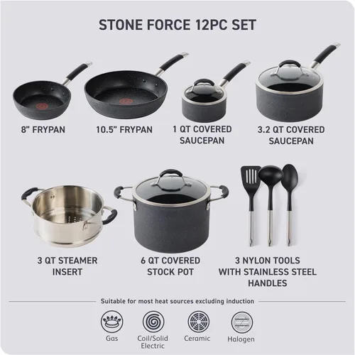 Miniatura 2 de T-fal Stone Force Platinum - Juego de utensilios de cocina antiadherentes de 12 piezas, apto para horno y parrilla hasta 400°F, juego de cocina
