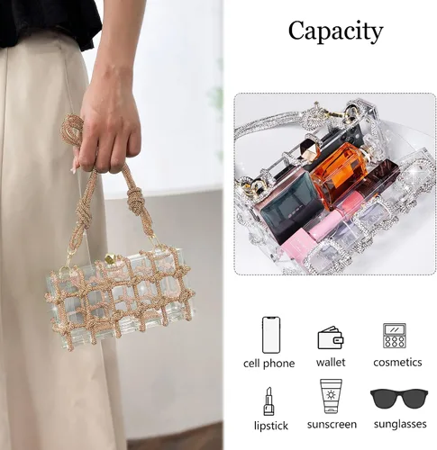 Miniatura 3 de JYG Bolso de mano de noche de acrílico para mujer, con diamantes de imitación brillantes, con cuerda anudada, bolsos transparentes para fiesta