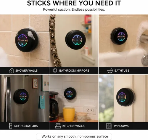 Miniatura 4 de Altavoz de ducha Bluetooth con LED – Altavoz mini inalámbrico portátil con micrófono y ventosa, resistente al agua IPX4 para ducha, viaje, piscina