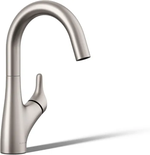 KOHLER 30472-VS Rival - Grifo para fregadero de barra de un solo mango, boquilla oscilante arqueada, 1.5 GPM, memoria de temperatura, acero