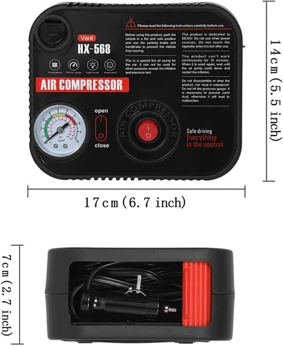 Miniatura 2 de Inflador de neumáticos portátil, compresor de aire, presión de la bomba con medidor de neumáticos de emergencia y ventilación de luz LED