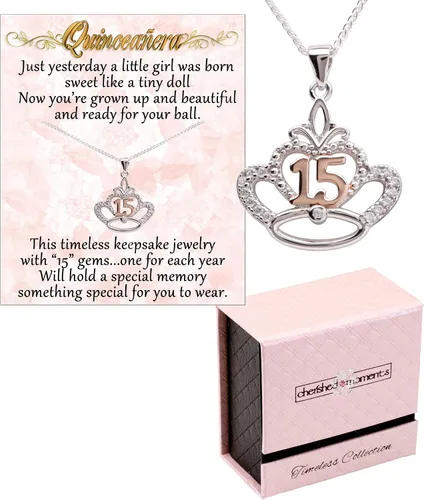 Miniatura 3 de Collar o aretes de plata de ley para regalo de quinceañera, regalo dulce para niñas de 15 años con 15 circonita cúbica brillante, Circonita cúbica