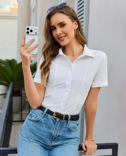Miniatura 6 de Camisas con botones para mujer, elásticas, de manga corta, con cuello, sin arrugas, básica, de negocios, blusa de trabajo