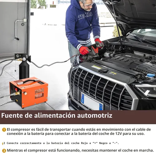 Miniatura 6 de Compresor de aire PCP portátil, 4500 PSI/30 MPa, libre de agua y aceite, 12 V CC/110 V CA de doble alimentación con convertidor de potencia, Naranja