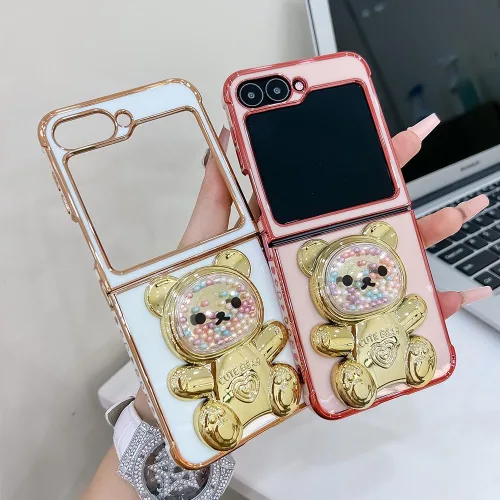 Miniatura 4 de Bonita funda compatible con Samsung Galaxy Z Flip 5/Z Flip 6 de 6.7 pulgadas, cuentas de lujo de color dorado 3D de arena movediza con soporte