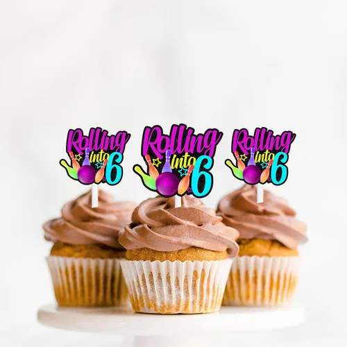 Miniatura 6 de 18 piezas de bola de boliche con purpurina, decoración de postre, magdalenas, boliches, 6 temas, suministros de decoración para niños y niñas