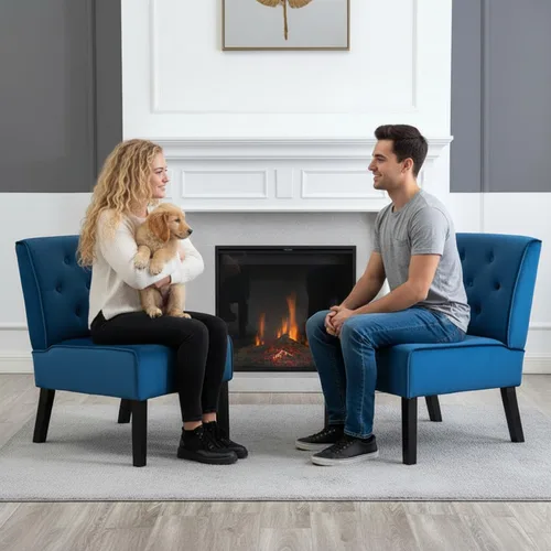 Miniatura 2 de Container Furniture Direct Reese - Silla moderna de mediados de siglo para sala de estar, sin brazos, con botones y patas de madera maciza, 2 Azul