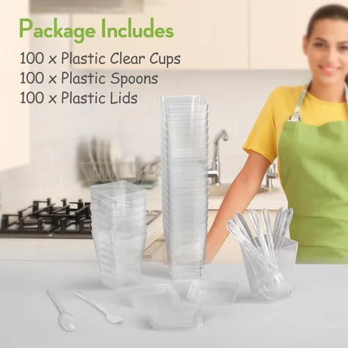 Miniatura 3 de Paquete de 100 Vasos de Postre de Plástico de 5 oz con Tapas y Cucharas, Vasos de Parfait de Yogur y Aperitivos para Fiestas, Mini Vasos de Postre